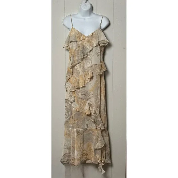 Blu Pepper Women's Marble Print Ruffle Midi Dress Tan Cream V-Neck Size M - Picture 1 of 8